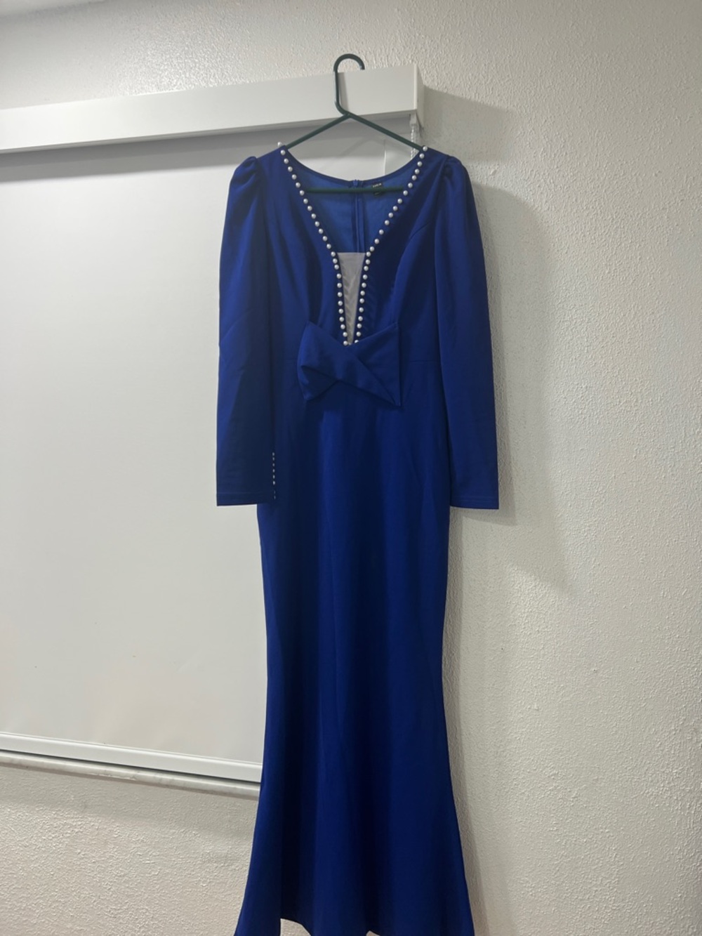 Elegant Royal Blue Long Sleeve Evening Gown with Pearl Trim